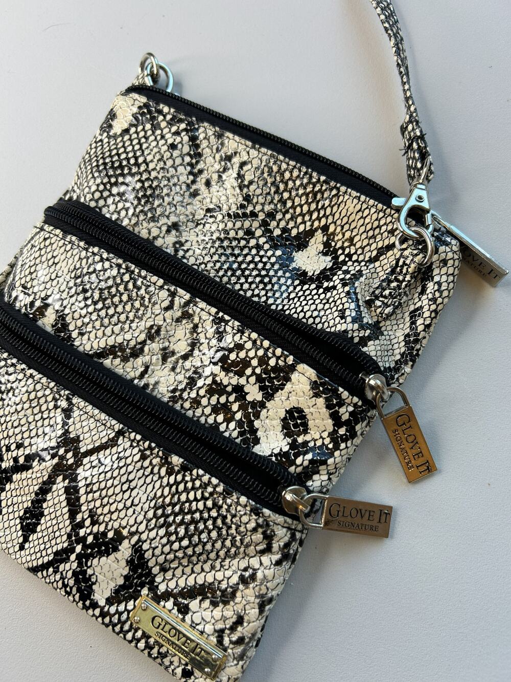 Glove It Signature Snake Print Triple Zip Crossbody Bag - Adjustable Strap